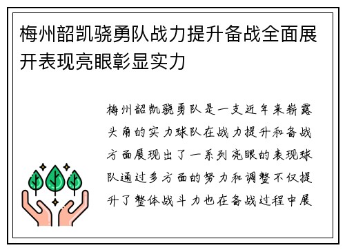 梅州韶凯骁勇队战力提升备战全面展开表现亮眼彰显实力