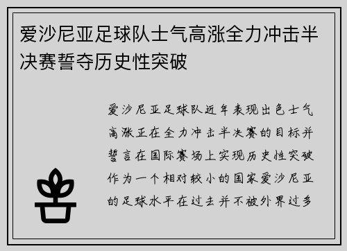 爱沙尼亚足球队士气高涨全力冲击半决赛誓夺历史性突破