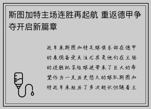 斯图加特主场连胜再起航 重返德甲争夺开启新篇章